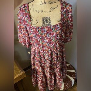 BCBGeneration Pink Black Floral design Mini square neck puff sleeves Sz 10 PTP19